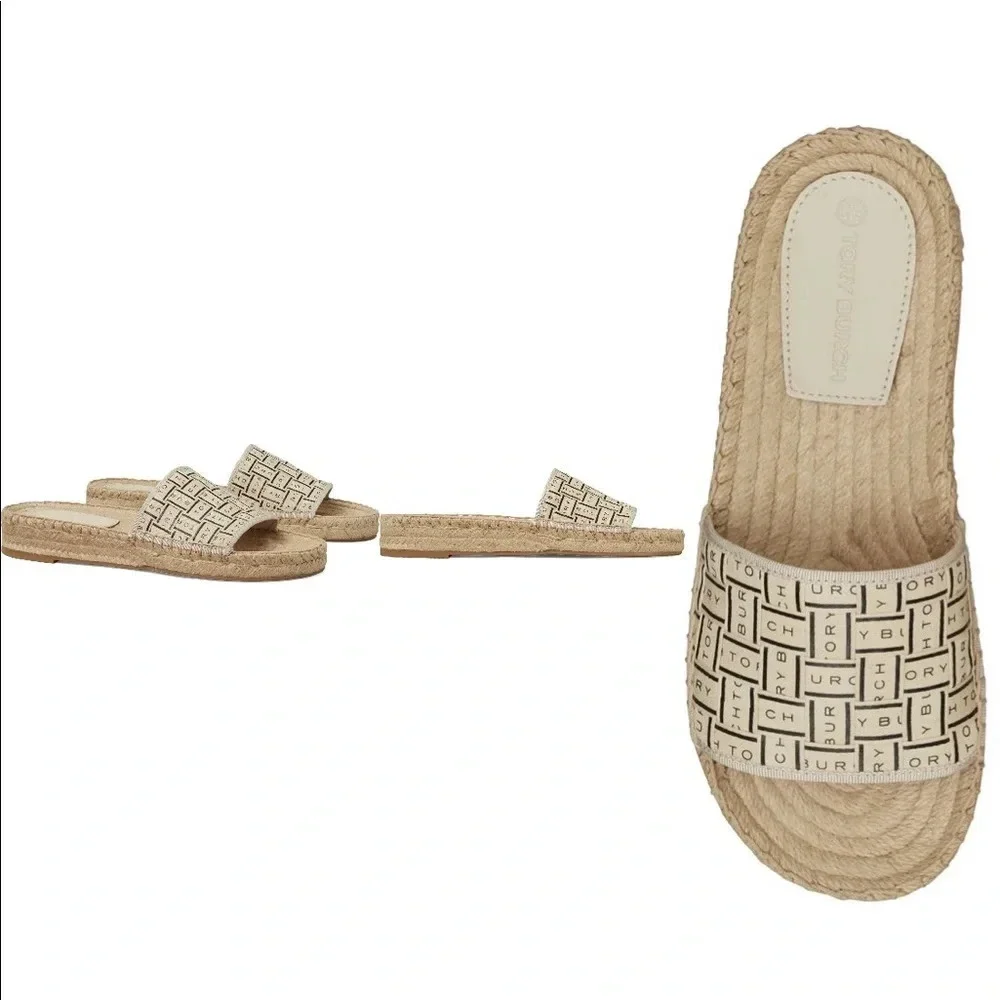 NIB Tory Burch Espadrille Slide in Cream and black Size: 10